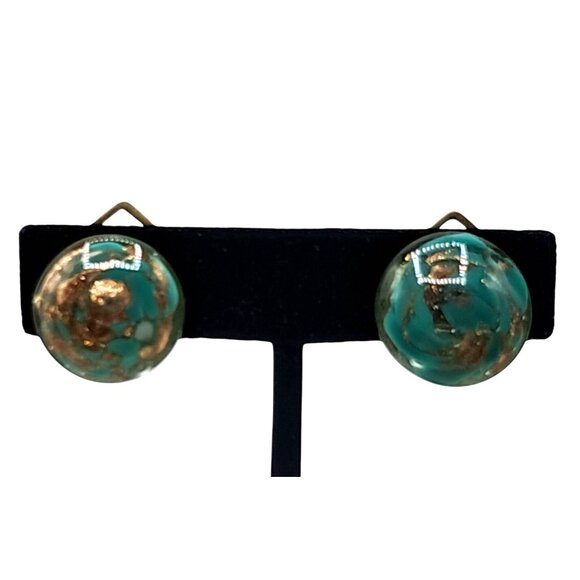Vintage Murano Glass Earrings Signed Made Italy Green Gold Glitter Clip Ons Cos - Picture 2 of 9